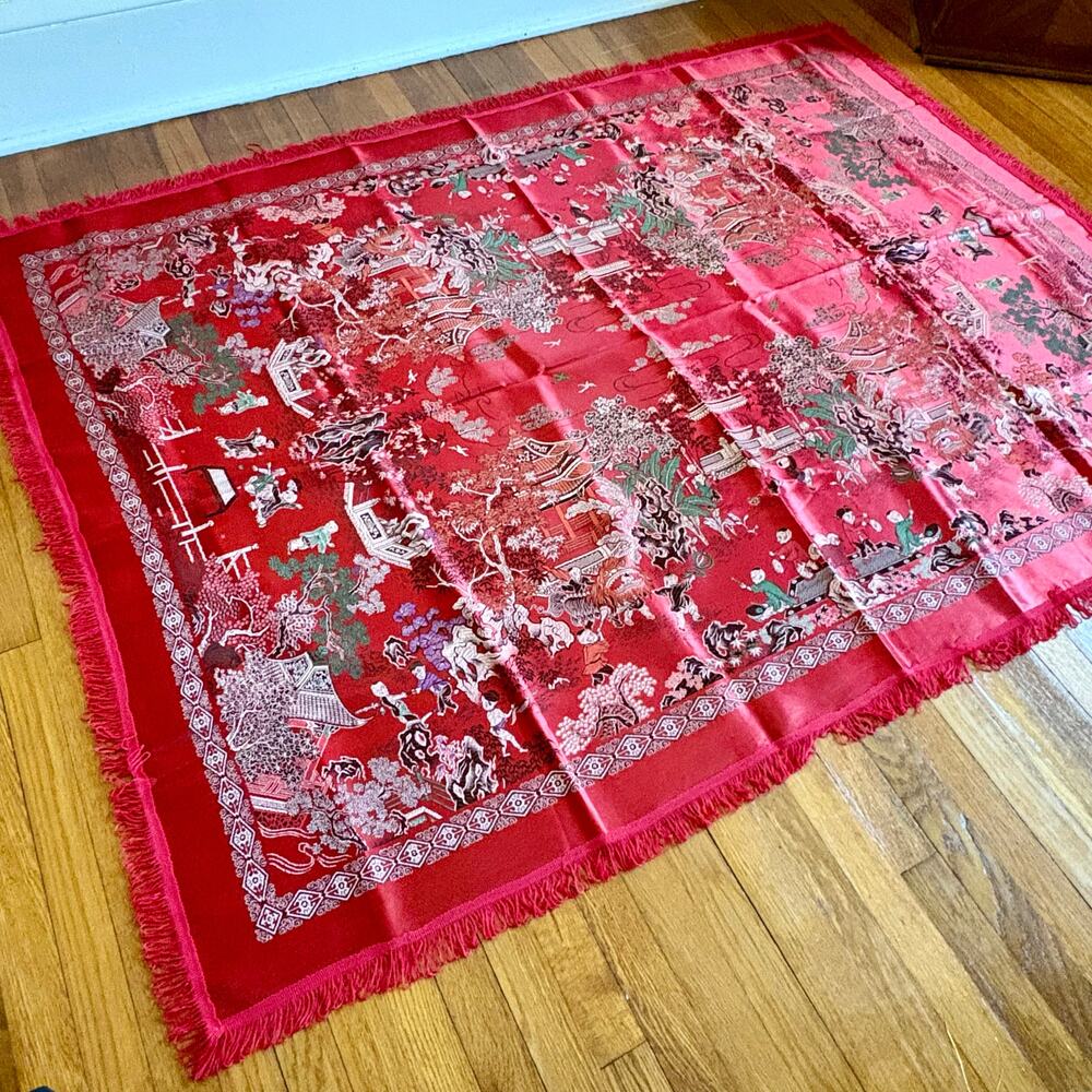 Vintage Chinese Scenic Fringed Tablecloth 74x55 Red Satin Brocade Shawl Tapestry